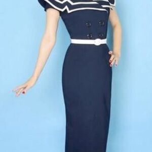 Bettie Page Sexy Captain Dress - Navy Blue Dress with White Accents